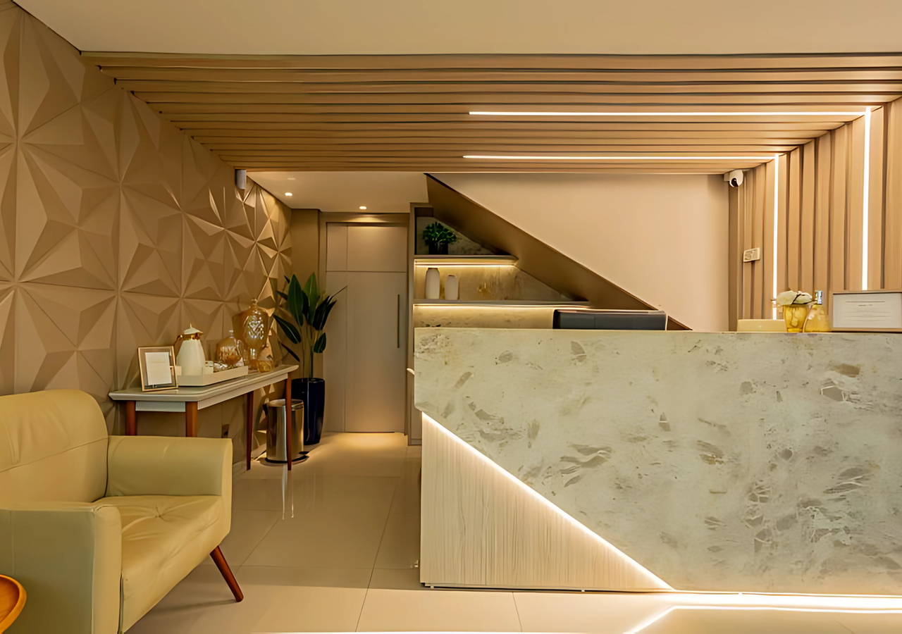 Recepção da Cliniestética — ambiente sofisticado em Guará II